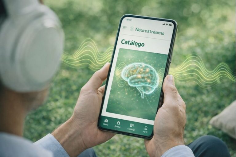 Usuario seleccionando audios en el catálogo Neurostreams MP3 para iniciar una sesión de meditación.